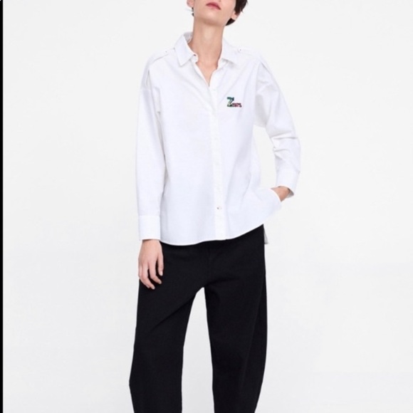 Zara NWT white button-down shirt with logo details - Picture 3 of 6